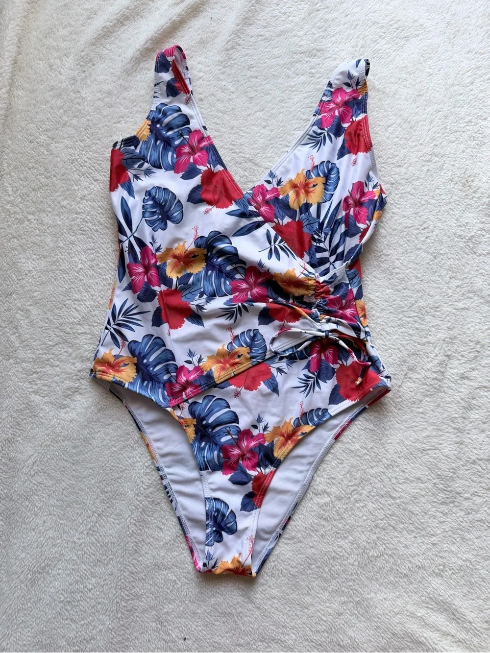 Floral Tropical One-Piece Swimsuit in White with Red & Blue Accents